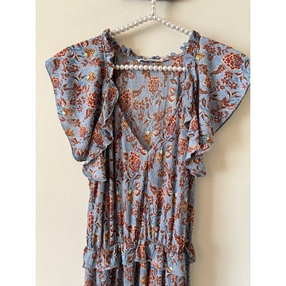 MNG Womens Size 6 Blue Floral Maxi Dress Stretch Flutter Sleeve Ruffle Trim - Picture 2 of 5